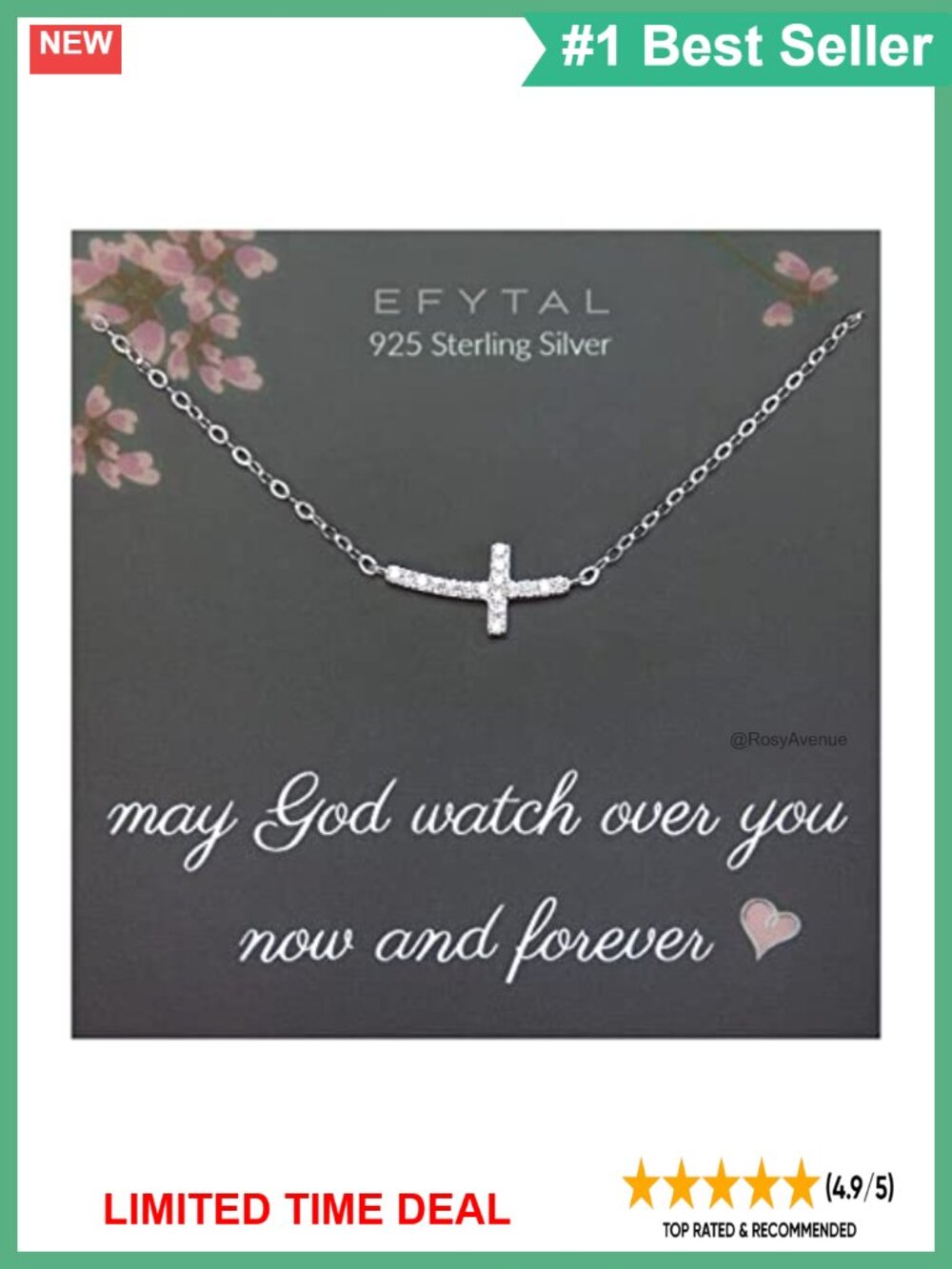 Sterling Silver Sideways Cross Necklace 18" CZ Pendant Christian Gift